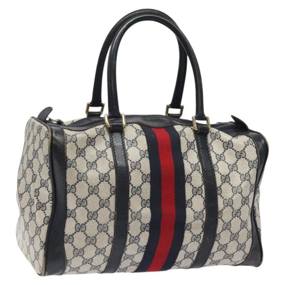 GUCCI GG Supreme Sherry Line Hand Bag PVC Old model Navy Red Auth 117607